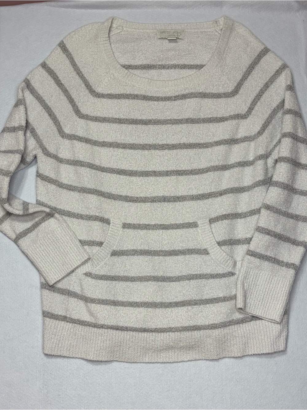 Barefoot Dreams CozyChic Lite Striped Sweater Large Cream Gray Pullover